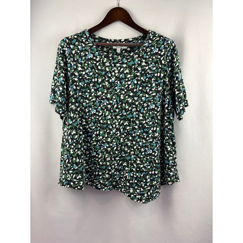 Women’s Chico’s Size 3 Black Multicolored Patterned Short Sleeve Blouse